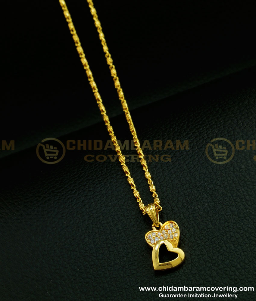 SCHN311 - One Gram Gold Double Heart Design White Stone Female Pendant with Short Chain