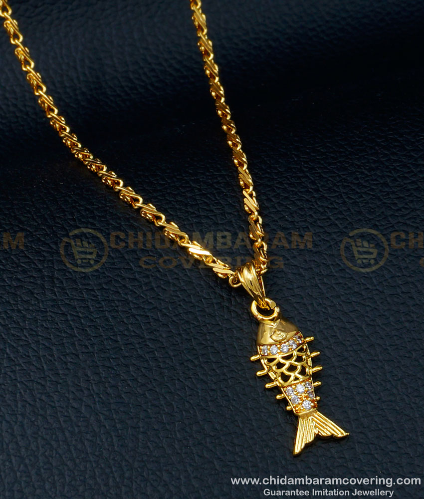 fish pendant, fish dollar, fish pendant chain, fish dollar chain, fish locket, one gram gold jewellery, white stone dollar chain, meen dollar, 