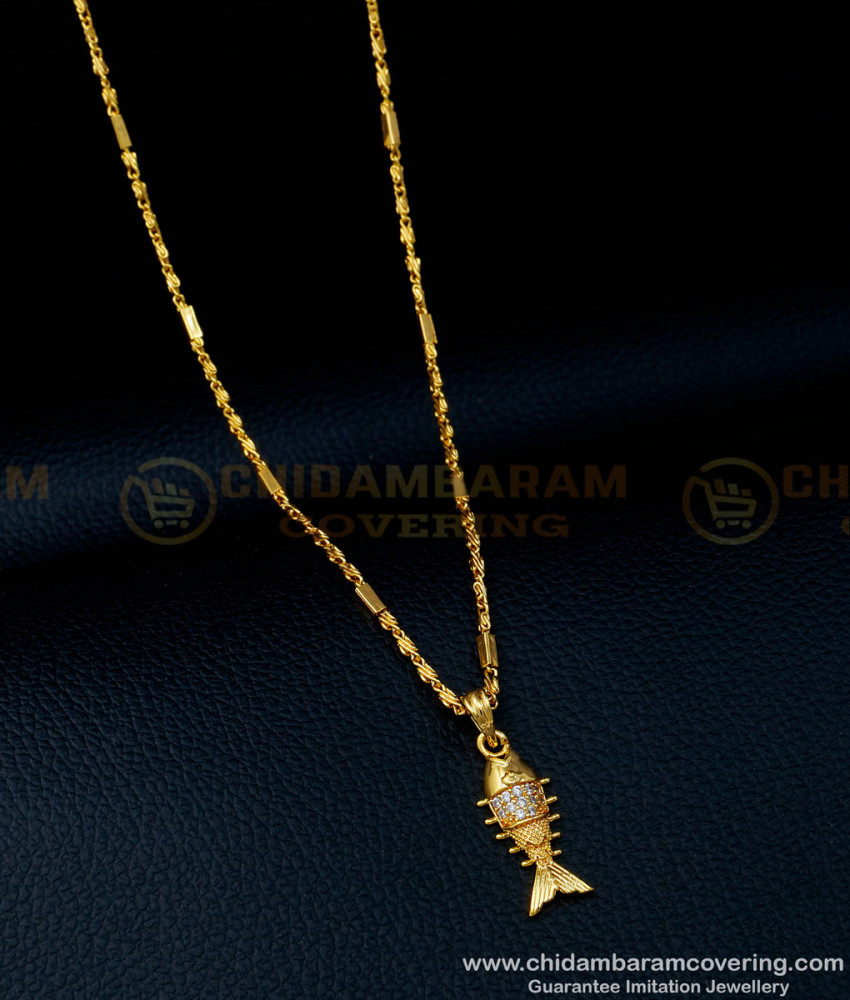 fish pendant, fish dollar, fish pendant chain, fish dollar chain, fish locket, one gram gold jewellery, white stone dollar chain, meen dollar, 