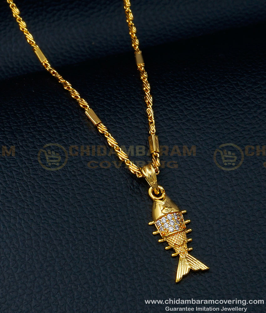 fish pendant, fish dollar, fish pendant chain, fish dollar chain, fish locket, one gram gold jewellery, white stone dollar chain, meen dollar, 