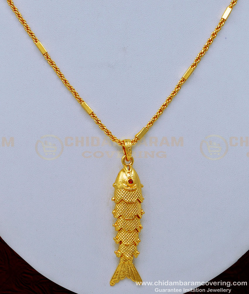 SCHN392 - 1 Gram Gold Ruby Stone Big Size Male Gold Fish Pendant Design with Chain 