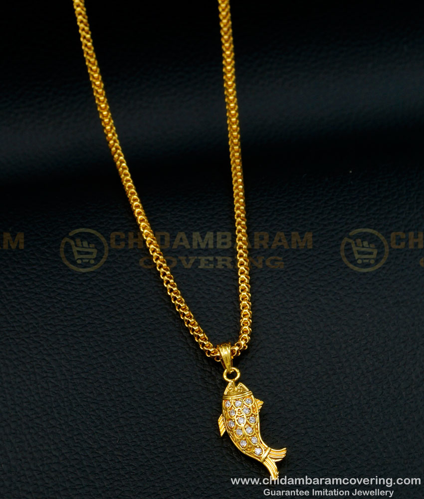 SCHN395 - 1 Gram Gold Jewellery Daily Use Short Chain with Fish Pendant Buy Online 