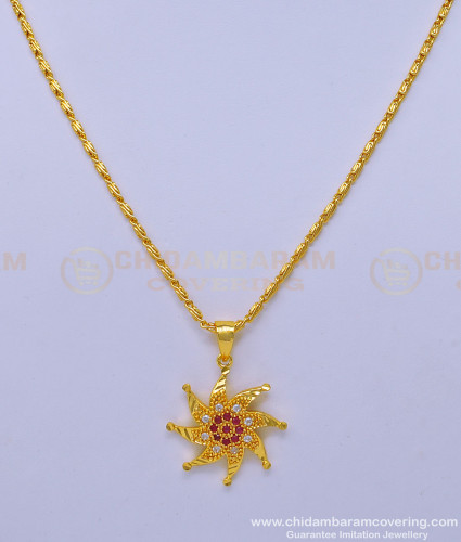 SCHN416 - Unique Ruby Stone Flower Design Pendant Gold Plated Short Chain for Ladies