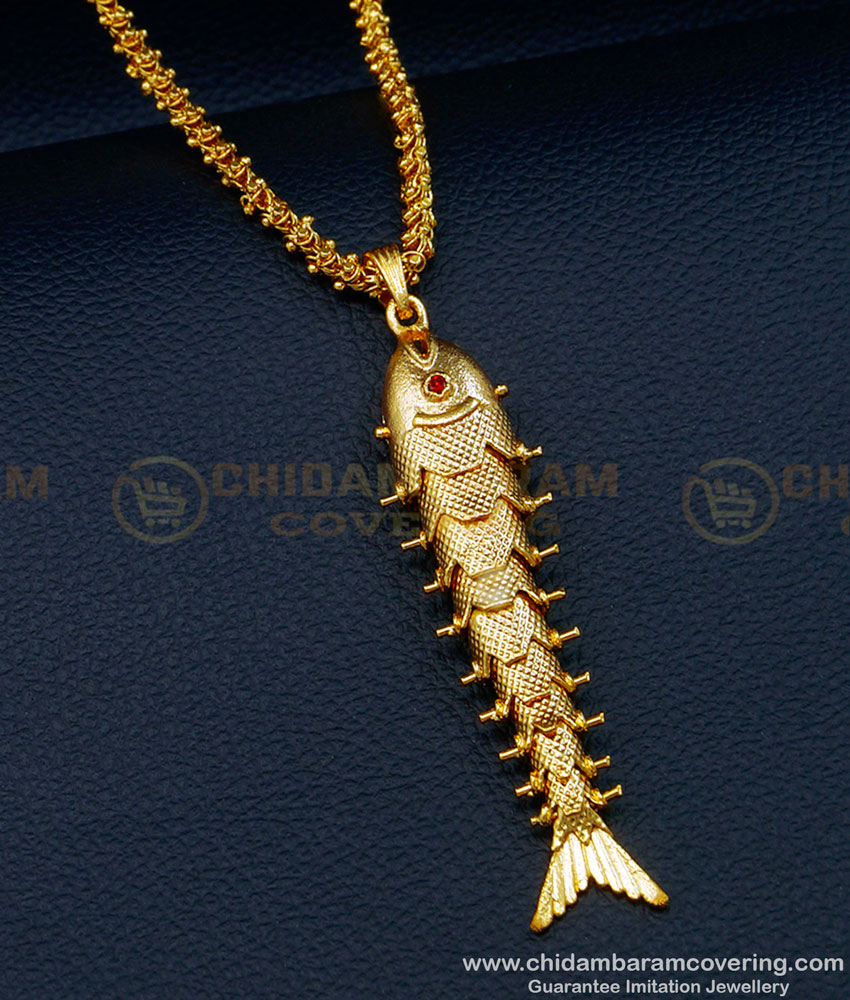 Trendy Very Big Gold Fish Pendant with Small Chain for Men 