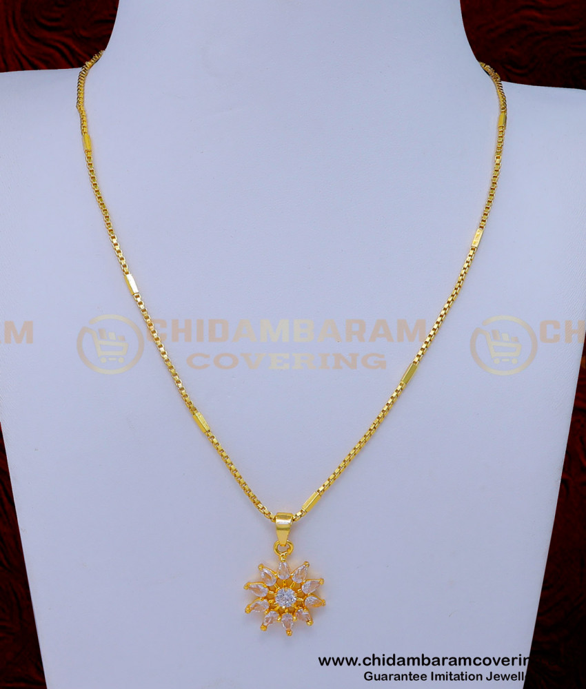 gold plated chain with guarantee, white stone pendant designs, chain and white stone pendant, white stone necklace, single stone pennant chain small chain with pendant