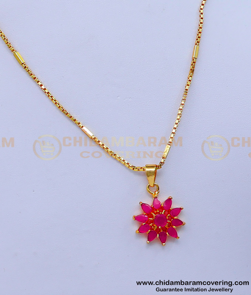 gold plated chain with guarantee,  flower pendant gold design, ruby pendant designs, ruby pendant designs latest, ruby pendant with gold chain