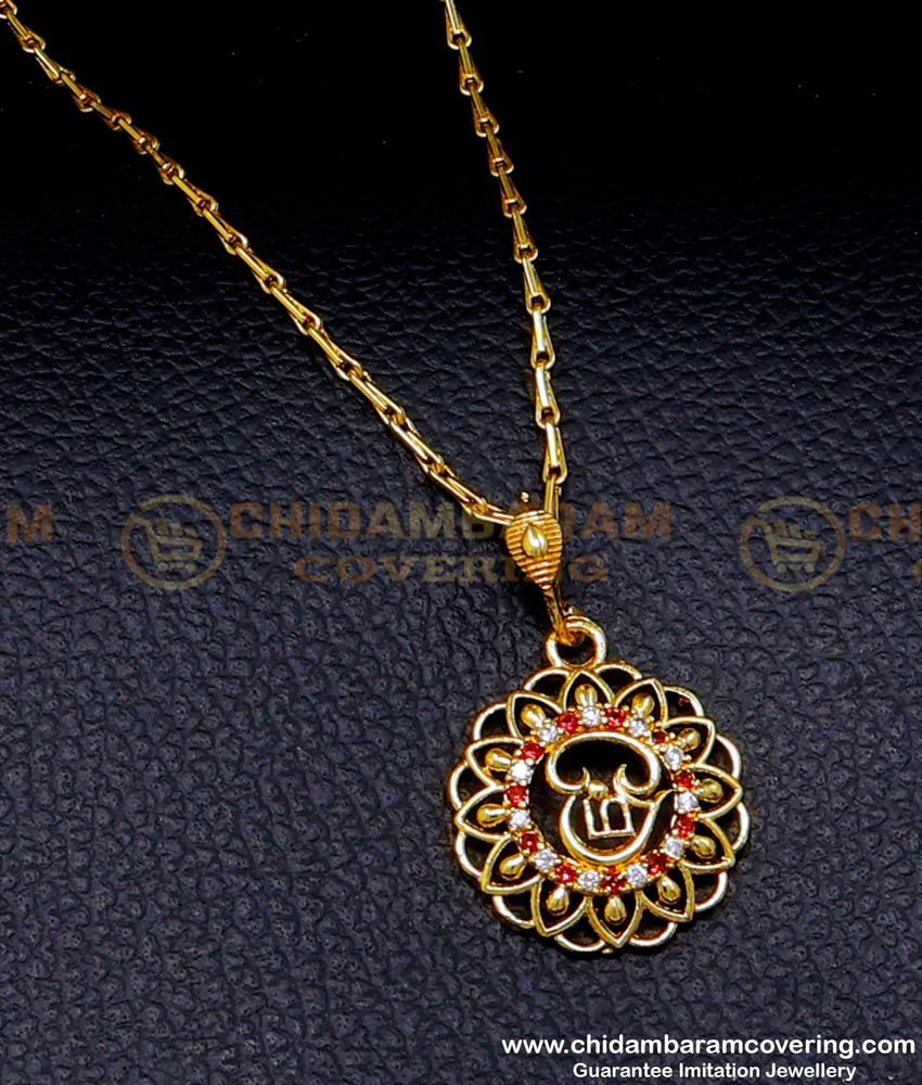 om pendant gold chain, Women gold plated chain with pendant, 1 gram Gold Plated Chain, 1gm Gold Plated jewellery online, Short Chain with pendant designs, Gold plated jewellery with guarantee, Gold Dollar Chain Designs for Female, 1 Gram Gold covering Chain