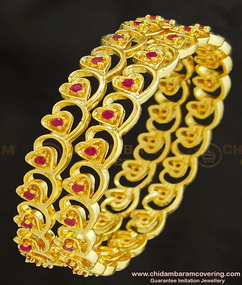 BNG260 - 2.4 Size Latest Gold Plated Broad Ruby Stone Heart Design Bangles for Indian Wedding