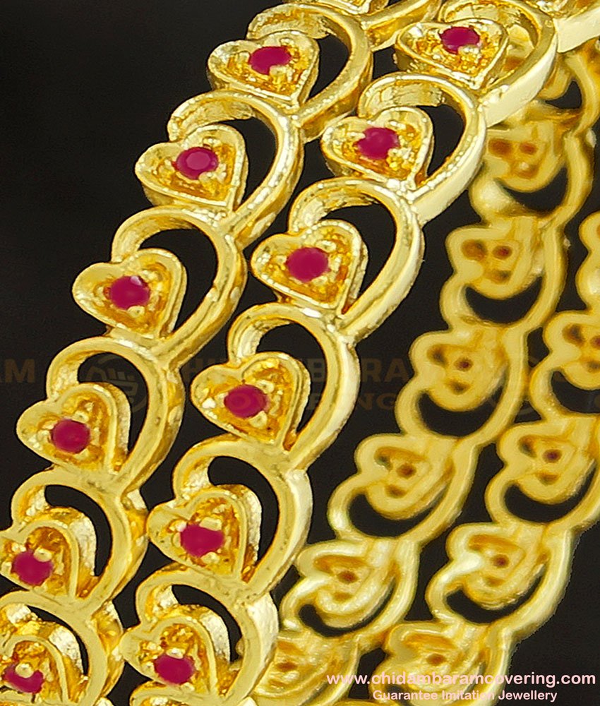 BNG260 - 2.4 Size Latest Gold Plated Broad Ruby Stone Heart Design Bangles for Indian Wedding