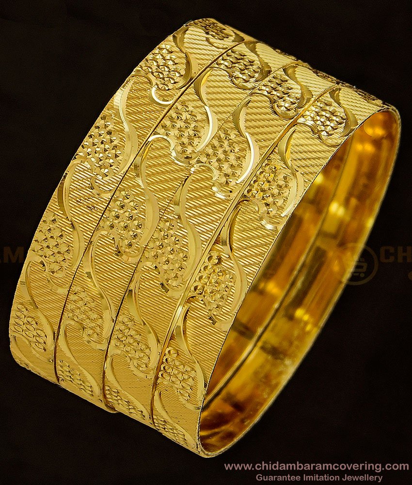 BNG353 - 2.8 Size Latest Gold Bangles Designs Self Design Broad Flat Bangles Set Of 4 Bangles  