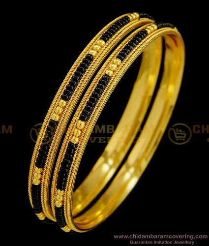 BNG375 - 2.4 Size Latest Gold Design Black Beads Bangle Gold Plated Karimani Bangles for Women