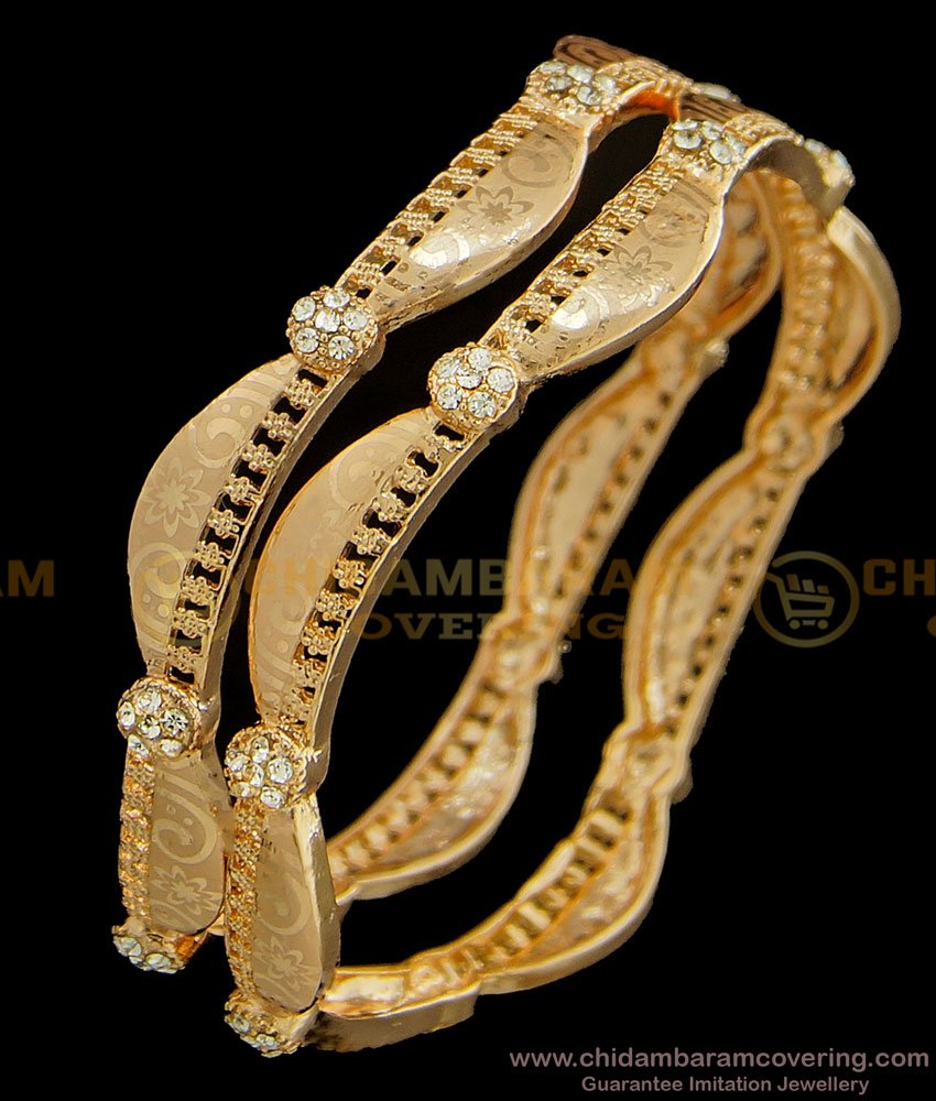 BNG376 - 2.6 Size Beautiful Party Wear Rose Gold Finish White Stone Fancy Bangles Imitation Jewellery