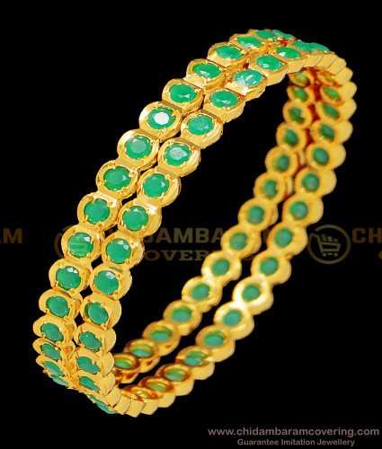 BNG397 - 2.4 Size Traditional Impon First Quality Full Green Emerald Stone Gold Bangles Design Online