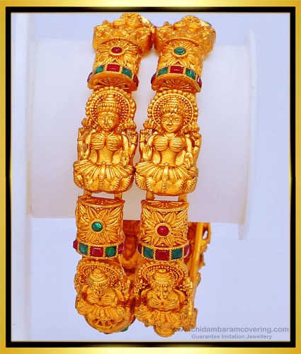 BNG437 -2.6 Size First Quality Nagas Temple Jewellery Kemp Stone Lakshmi Bangles Set for Wedding