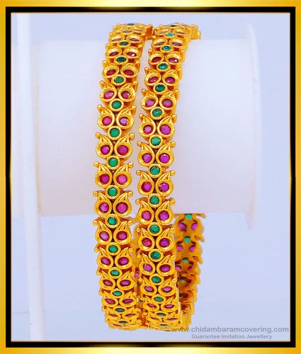 BNG470 -2.8 Size Premium Quality Ad Ruby Emerald Stone Mango Design Antique Nagas Bangles Online