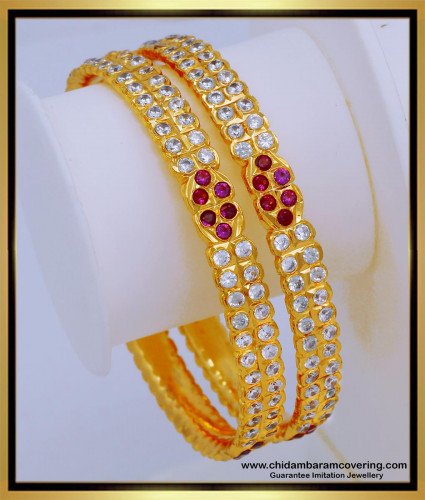 BNG559 - 2.6 Size South Indian Jewellery First Quality White and Ruby Stone Impon Bangles Online 