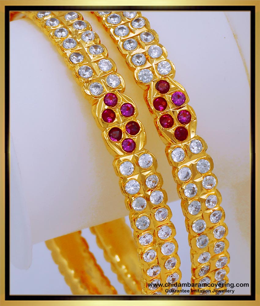 BNG559 - 2.6 Size South Indian Jewellery First Quality White and Ruby Stone Impon Bangles Online 