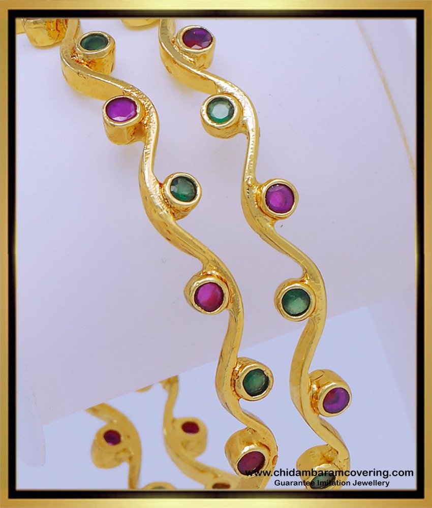 BNG605 - 2.4 Size Unique One Gram Gold Ruby Emerald Stone Thin Curvy Bangles for Girls