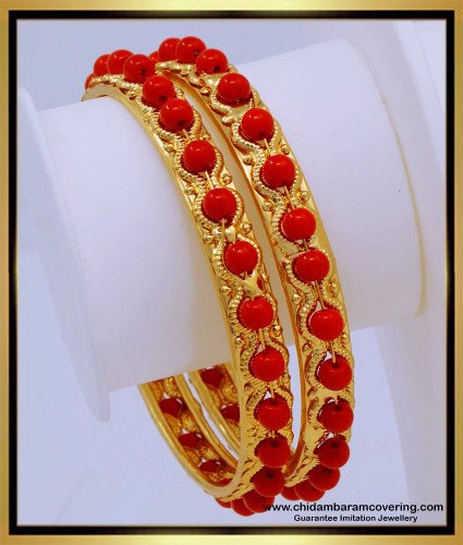 BNG664 - 2.4 Size 1 Gram Gold Plated Red Beads Bangles Designs