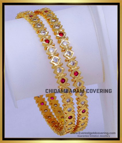 BNG871 - 2.6 Attractive White and Ruby Stone Impon Jewellery Bangles