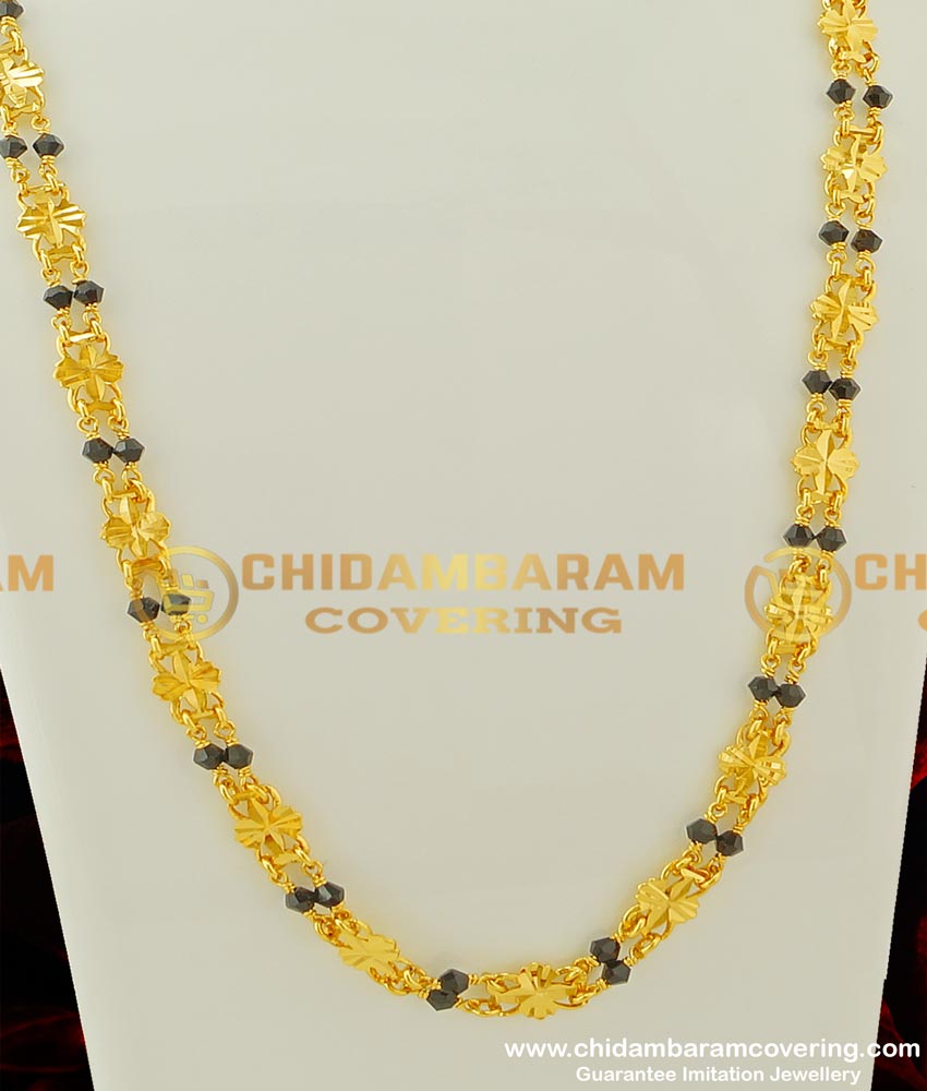 CHN068-LG - 30 inch Long New Rettai Vadam Black Crystal Chain with Flower Design Connector Two Line Chain Online