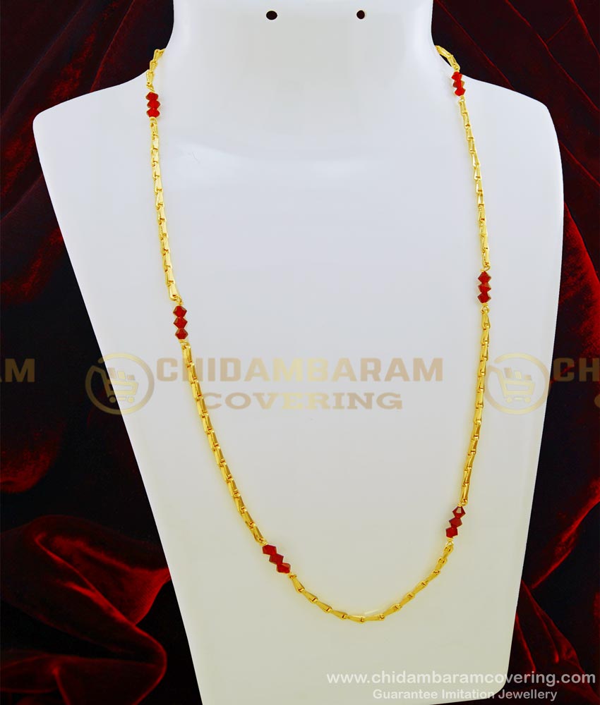 CHN151 - Red Crystal Three Beads with Wheat Chain Design South Indian Gold Plated Jewellery