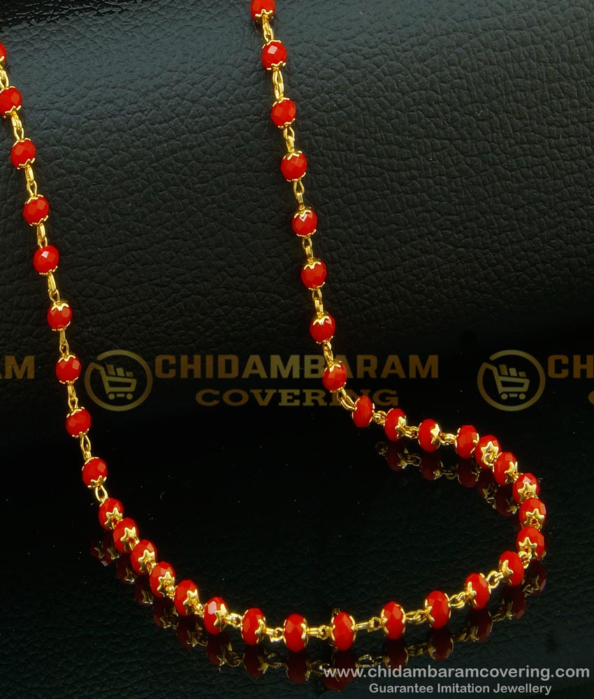 CHN124 - Trendy Red Beads Chain One Gram Gold Plated Light Weight Red Crystal Chain Designs 