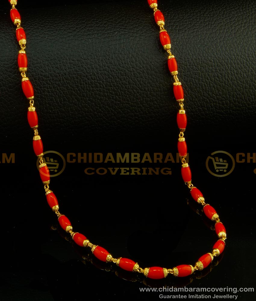 CHN135 - Traditional Red Coral Beads Chain One Gram Gold Plated Red Beads Chain Designs