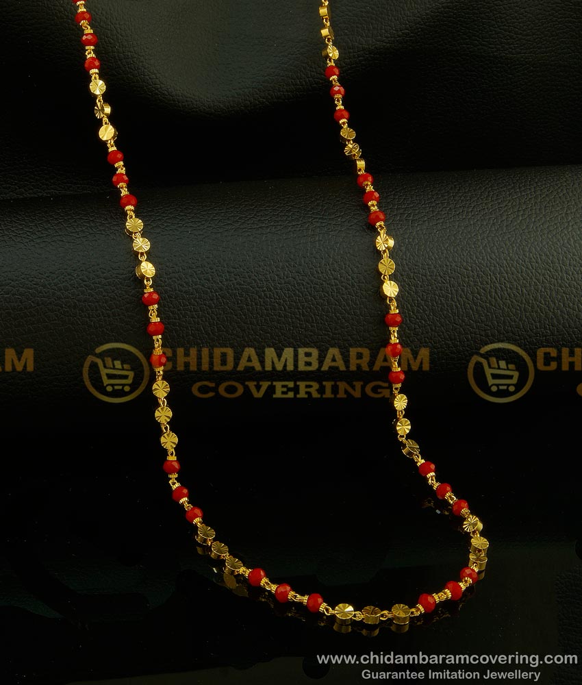 CHN136 - New Design Red Coral with Gold Beads Chain One Gram Gold Plated Daily Wear Coral Mala Online