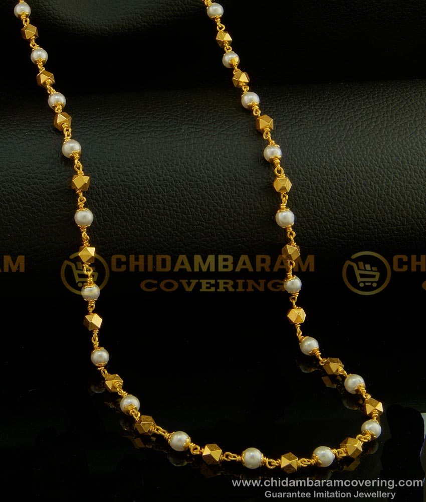 CHN140 - Pure Gold Plated Gold Muthu Mala Designs Pearl With Gold Beads Chain for Women