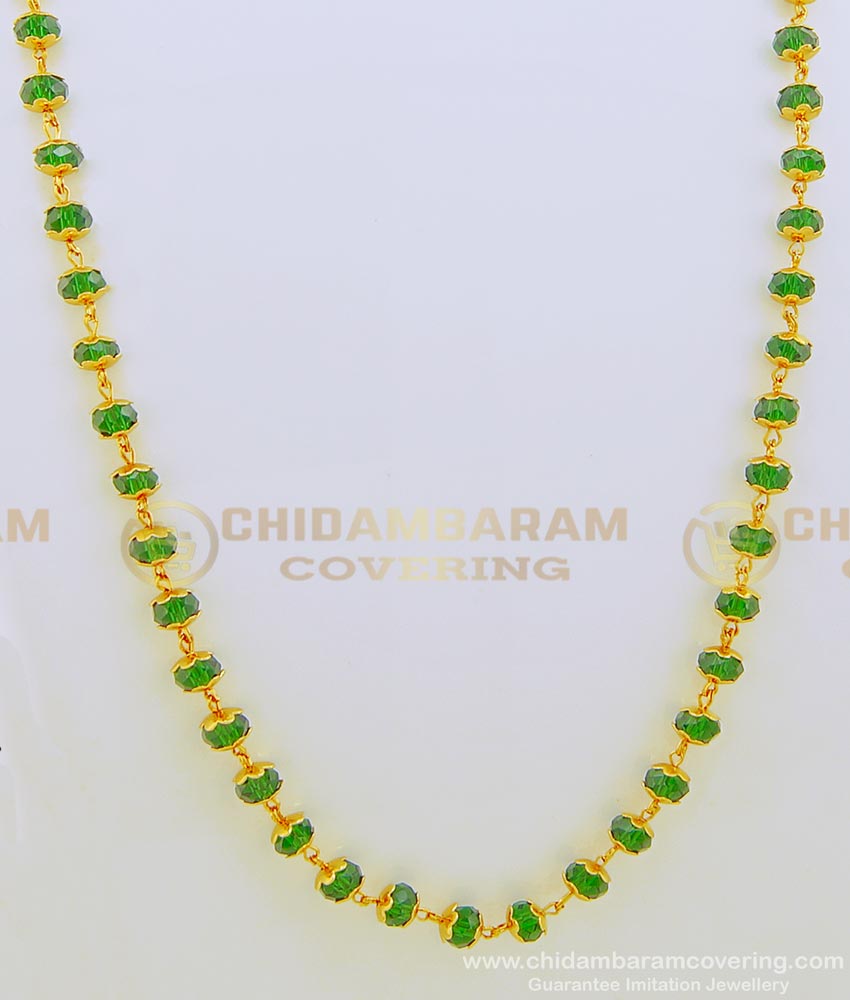 CHN154 - Single Line Gold Plated Green Mala Design Crystal Chain for Women