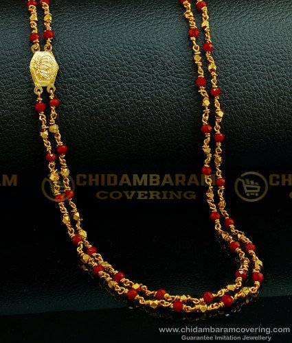 CHN185 - South Indian Double Line Red Crystal with Gold Beads Chain Design Gold Plated Jewellery