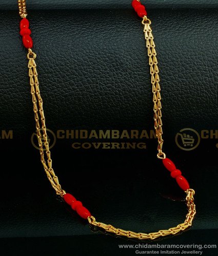 CHN187 - Traditional New Pattern Red Coral Two Line With Single Line Chain Gold Pavazham Chain Buy Online