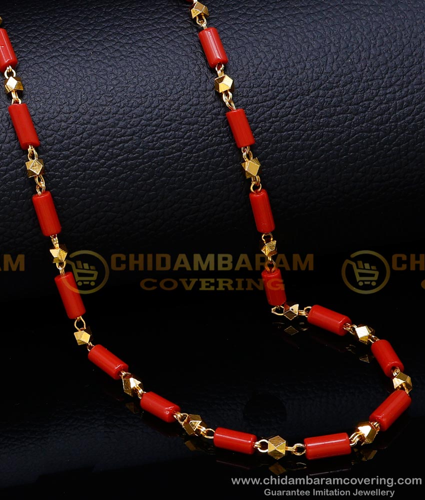 pavalam chain, sigappu pavalm chain, new model red beads chain, red coral chain, lal moti chain, red moti mala designs, pavalam gold chain designs, 