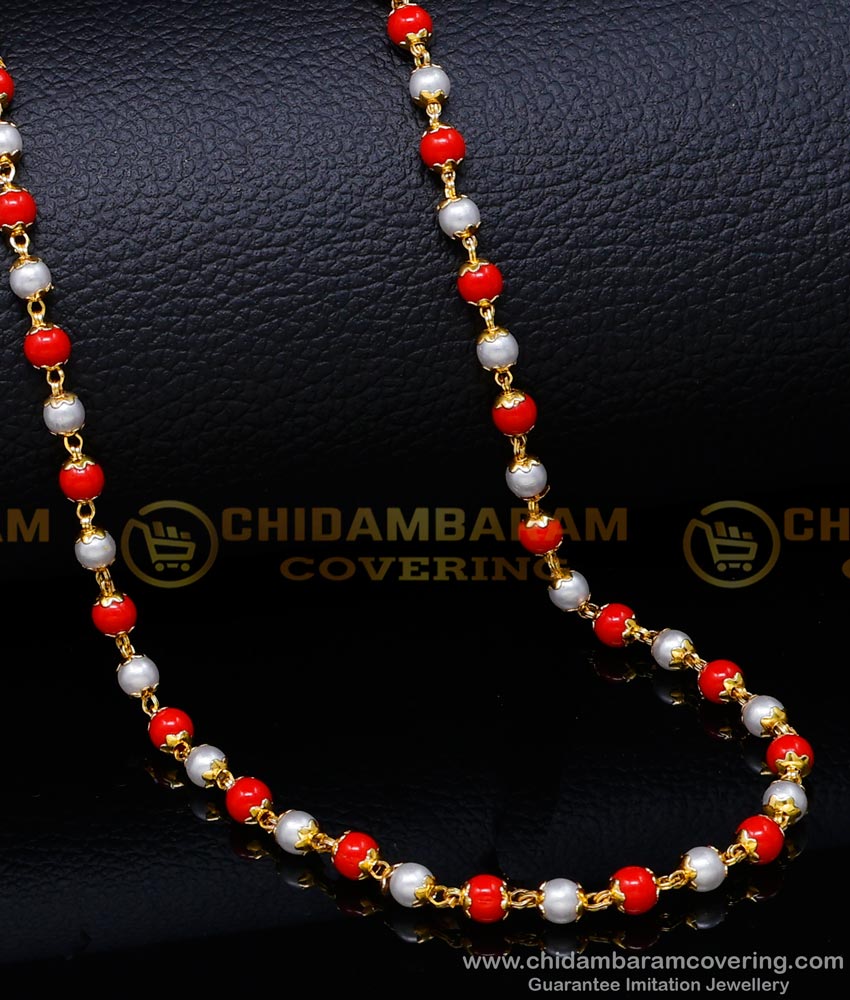 muthu pavalam gold chain, muthu pavalam malai, new model red beads chain, red coral chain, lal moti chain, red moti mala designs, pavalam gold chain designs, 