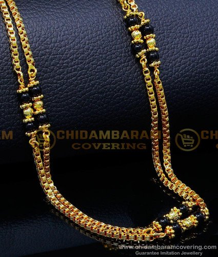CHN314-LG - 30 Inches Long Daily Use Two Line Black Beads Chain Gold