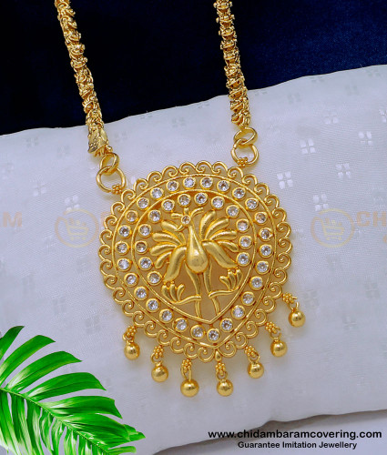 DCHN183 - Latest Stone Pendant Collection Peacock Design White Stone Pendant Chain Online