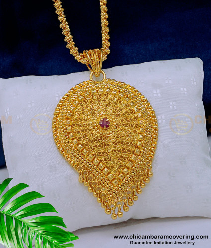 DCHN195 - Beautiful Single Ruby Stone Big Mango Design Pendant with Long Chain 