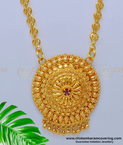 DCHN202 - Traditional Design Ruby Stone Round Pendant with Long Chain 