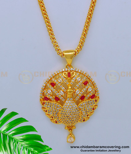 DCHN208 - American Diamond Stone Peacock Gold Pendant with Long Chain 