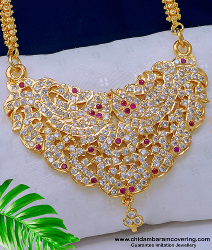 DLR156 - Bridal Wear Impon White and Ruby Stone Fish Model Big Pendant with Flower Design Chain 