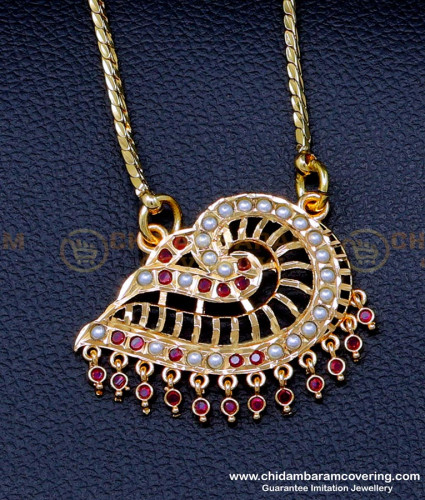 DLR237 - Latest Impon Ruby Stone with Pearl Sangu Dollar Chain Online