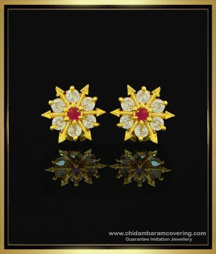 ERG1041 - Attractive Single Ruby Stone with White Stone Floral Design Party Wear Earrings for Ladies