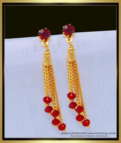 ERG1075 - Trendy Dangle Earrings One Gram Gold Red Crystal Long Drop Earrings for Girls 