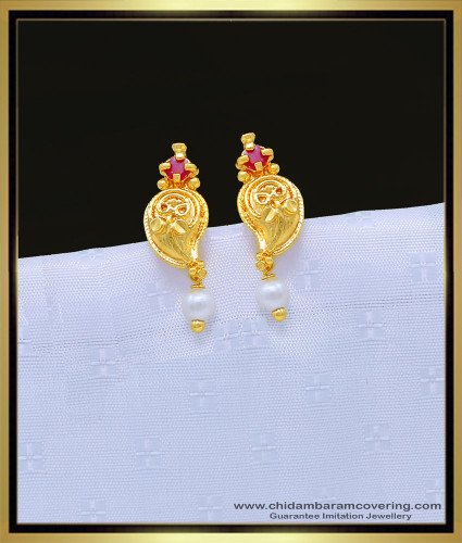 ERG1116 - Unique Gold Plated Ruby Stone Mango Design Small Pearl Drop Earring Online