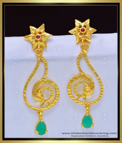 ERG1148 - Attractive Emerald Stone Gold Pattern Long Earrings One Gram Gold Jewellery  