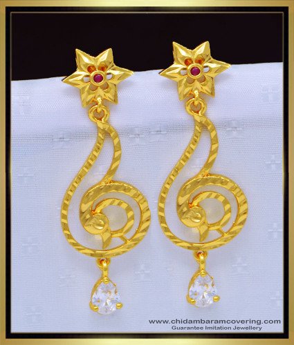 ERG1149 - Unique White Stone Gold Pattern Party Wear Long Earrings One Gram Gold Jewellery  