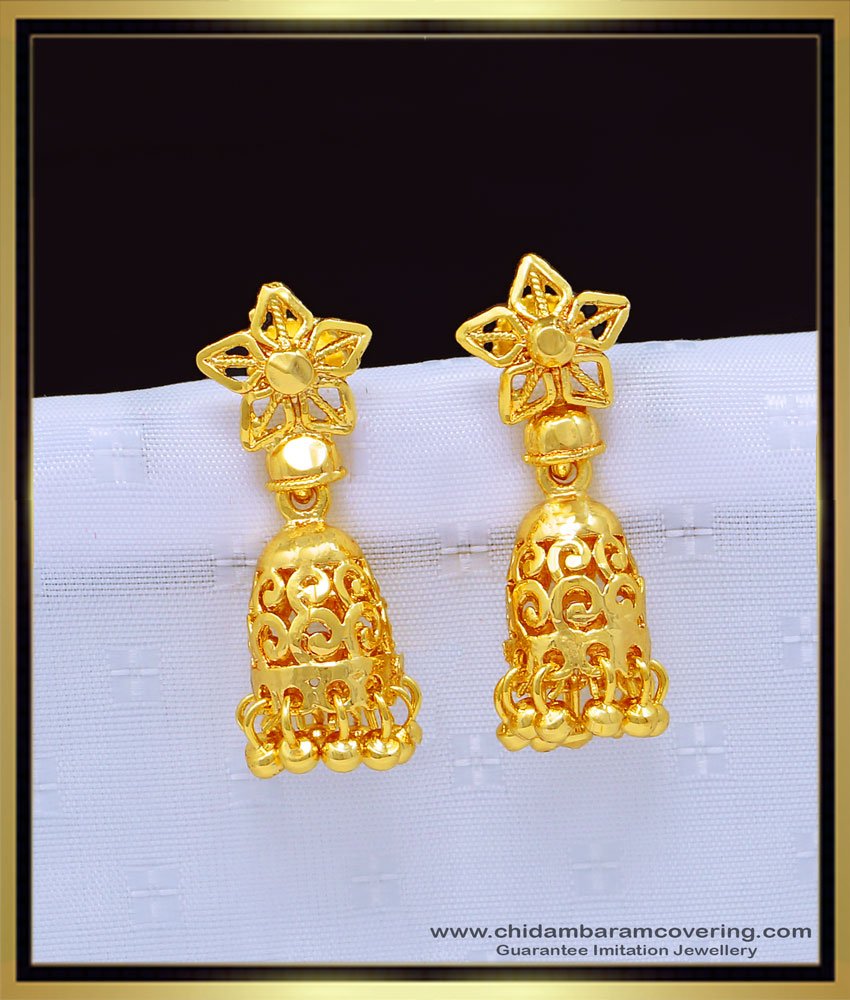 one gram gold jimiki thodu, jimiki kammal, gold plated jhumkas, jimiki earring, palin jimiki, 