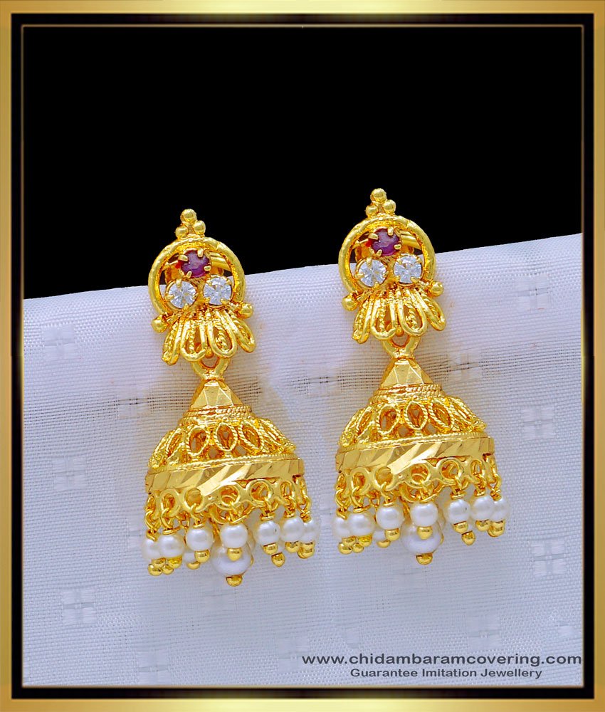 earring, gold covering earring, one gram gold guaranteed jewellery, gold plated jewelery, pearl earrings, pearl jhumkas, muthu thodu, 