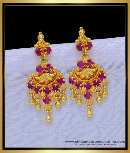 ERG1306 - Semi Precious Ruby Stone Danglers Gold Plated Pink Stone Earrings for Women 